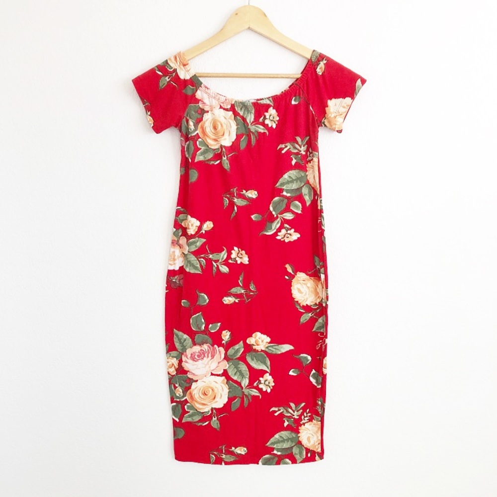 Red Rose Print Bodycon Dress